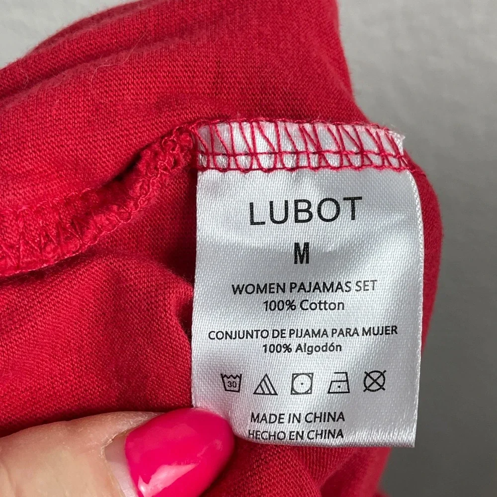 Dreamy By Lubot Pajama Set Womens Medium Red Pants Long Sleeve Top 100% Cotton‎